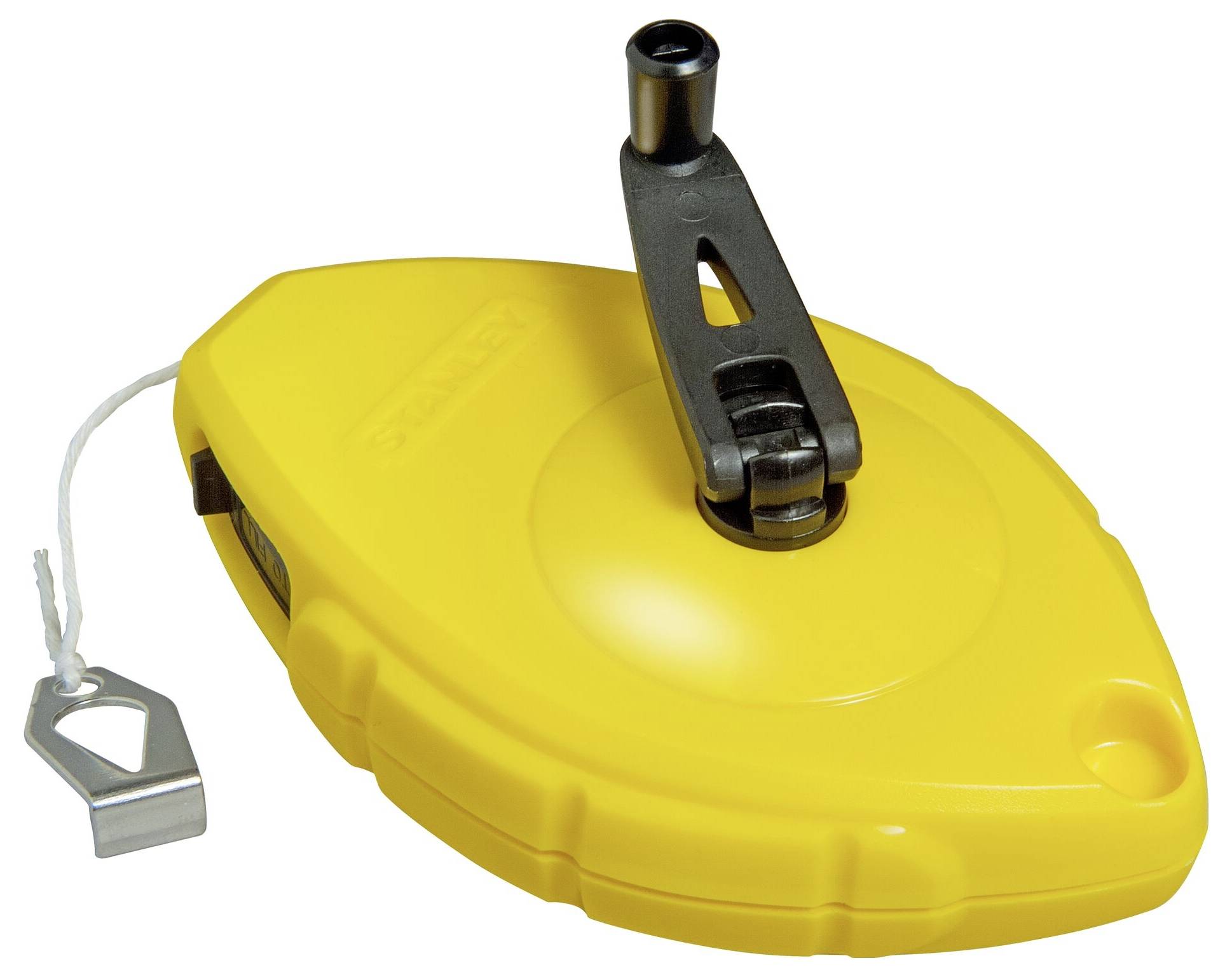 Żółta miara murarska z korbką i metalowymi hakami.
