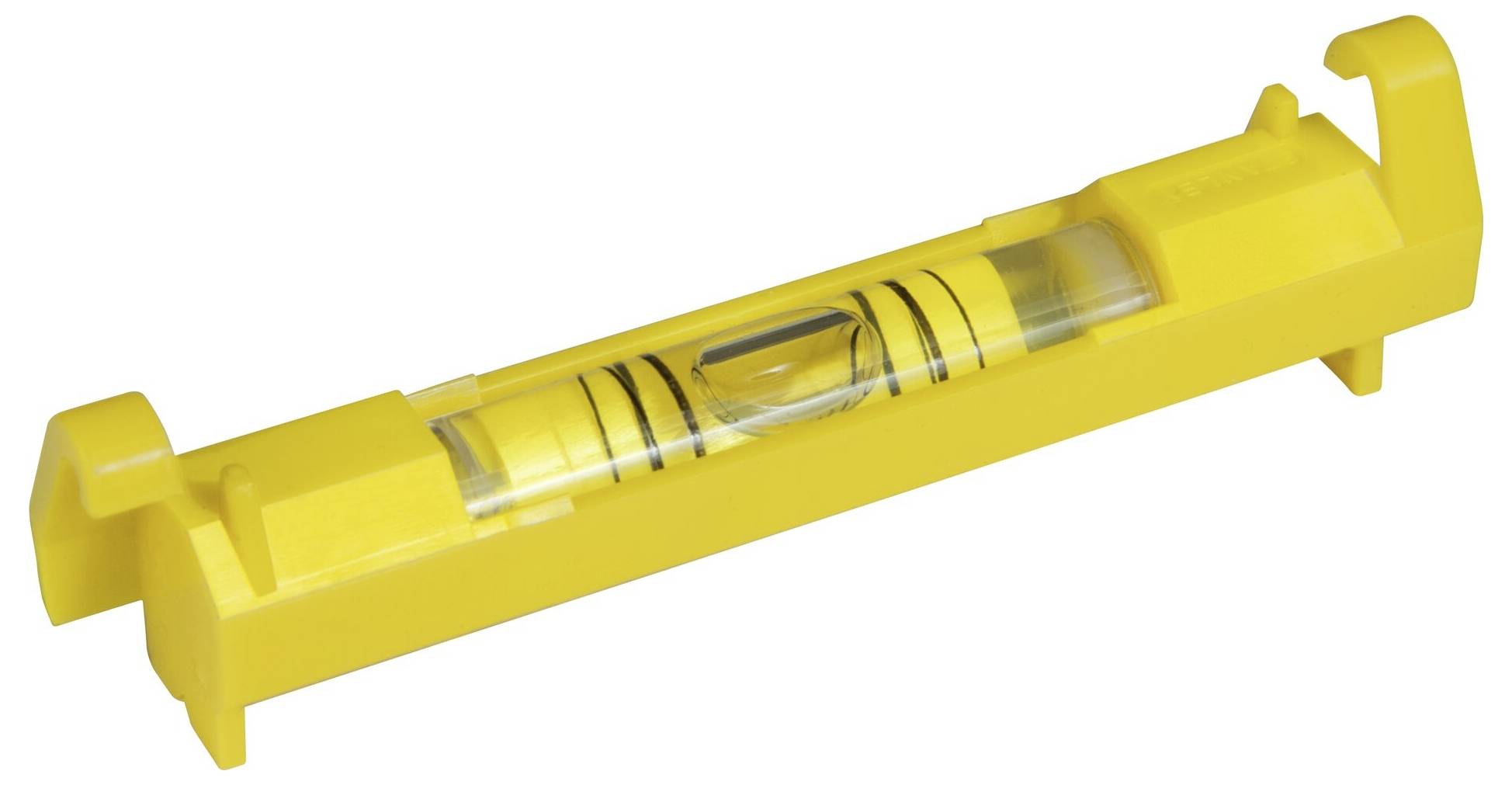 Żółta poziomnica z centralnie umieszczonym libellą, wskazująca poziome ustawienie.