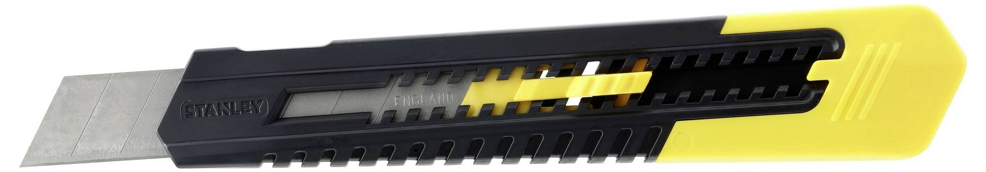 Żółto-czarny nóż typu cutter z widocznym ostrzem, przeznaczony do cięcia papieru lub kartonu.