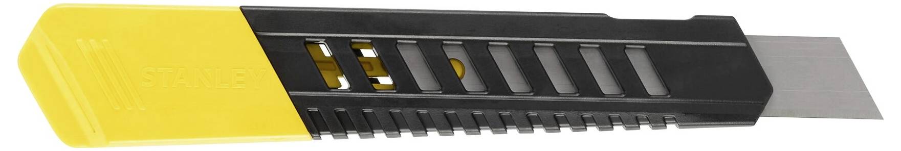 Żółto-czarny nóż do cięcia z wysuniętym ostrzem, odpowiedni do prac rzemieślniczych wymagających precyzyjnego cięcia.