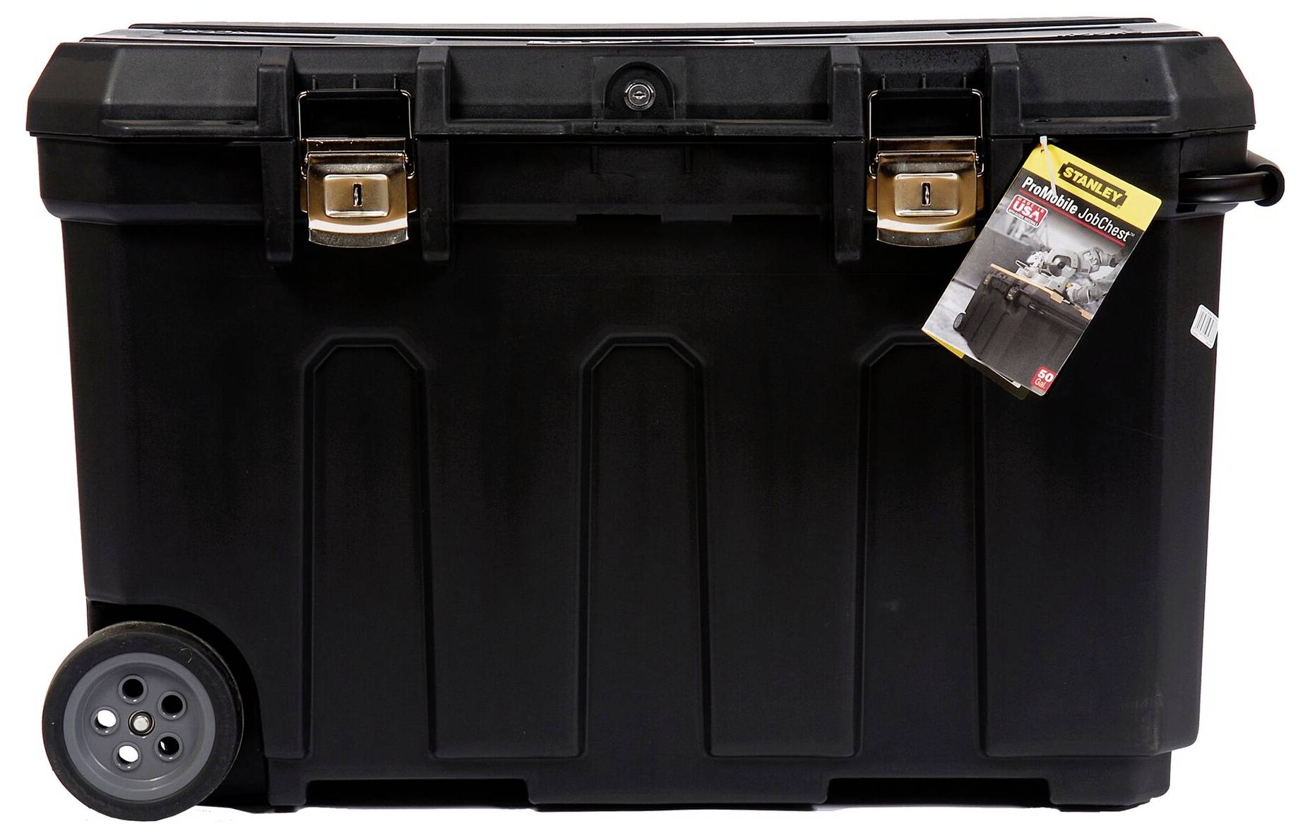 Czarny wózek narzędziowy z kółkami i dwoma zamkami, widoczne logo producenta. Dołączona etykieta produktowa po boku.