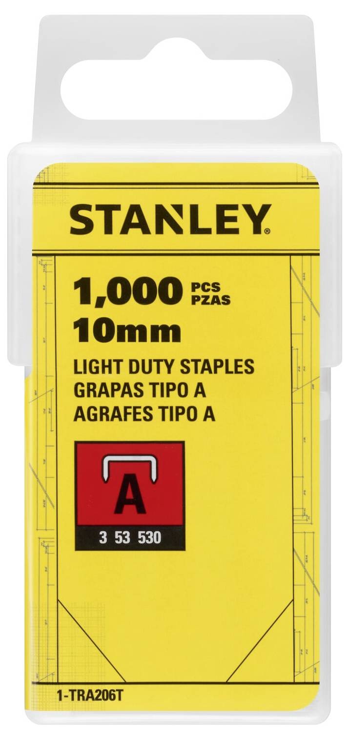 Opakowanie 1000 lekkich zszywek firmy Stanley, rozmiar 10 mm, odpowiednich do zadania A, z oznaczeniem w wielu językach.