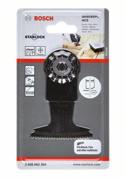 Wielofunkcyjne ostrze piły firmy Bosch w opakowaniu, odpowiednie do prac drewnianych. Zawiera informacje o kompatybilności z różnymi markami.