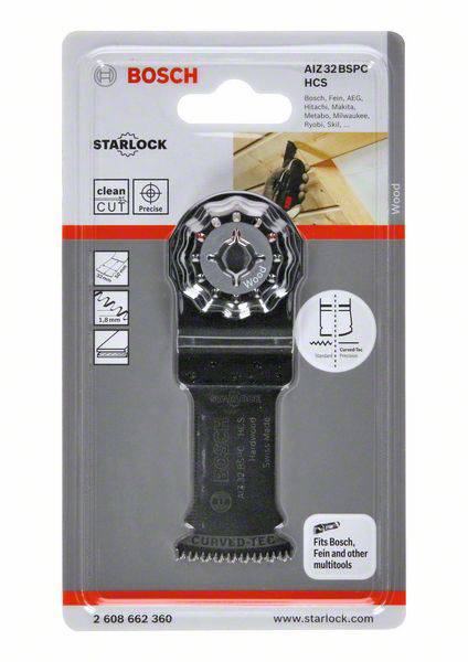 'Brzeszczot Bosch Starlock AIZ 32 BSPC HCS do drewna. Odpowiedni do różnych narzędzi wielofunkcyjnych. Zdjęcie przedstawia opakowanie produktu.'