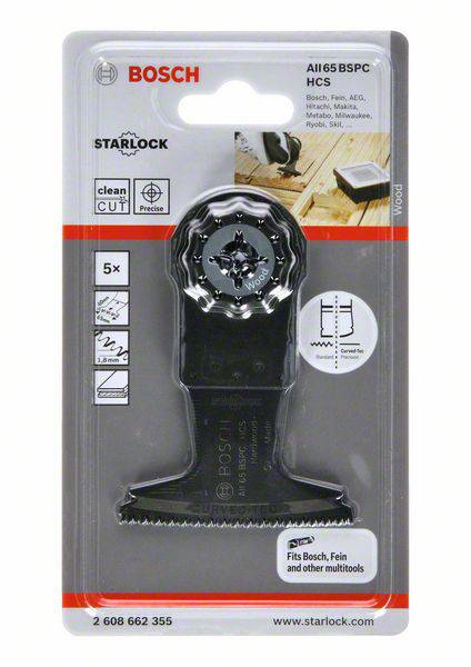 Opakowanie brzeszczotu Bosch Starlock z napisem 'Pasuje do Bosch, Fein i innych narzędzi wielofunkcyjnych'. Do czystego i precyzyjnego cięcia.