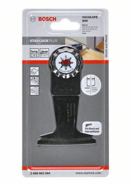 Opakowanie brzeszczotu Bosch Starlock Plus, kompatybilne z narzędziami wielofunkcyjnymi Bosch i Fein. Napis: 'Wood and Metal', o długiej żywotności.
