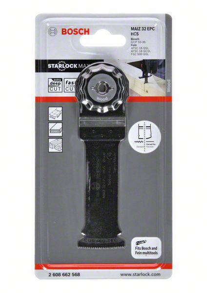 Brzeszczot Bosch Starlock MAIZ 32 EPC-HCS do drewna w opakowaniu blistrowym. Czarne ostrze, kompatybilne z multinarzędziami Bosch i Fein.