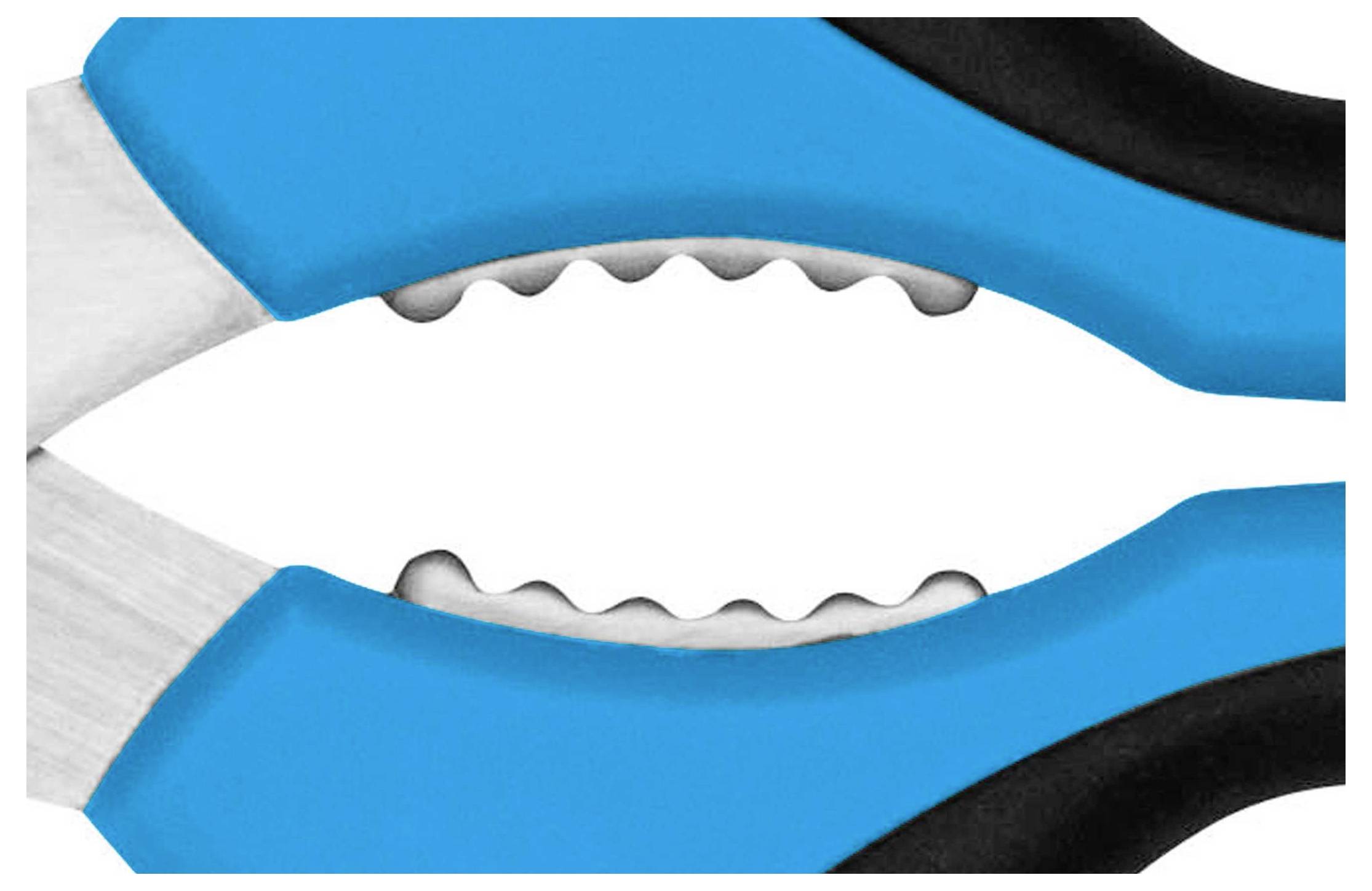 Niebieski, ząbkowany uchwyt szczypiec w zbliżeniu; przedstawia szczegóły struktury uchwytu i materiału.