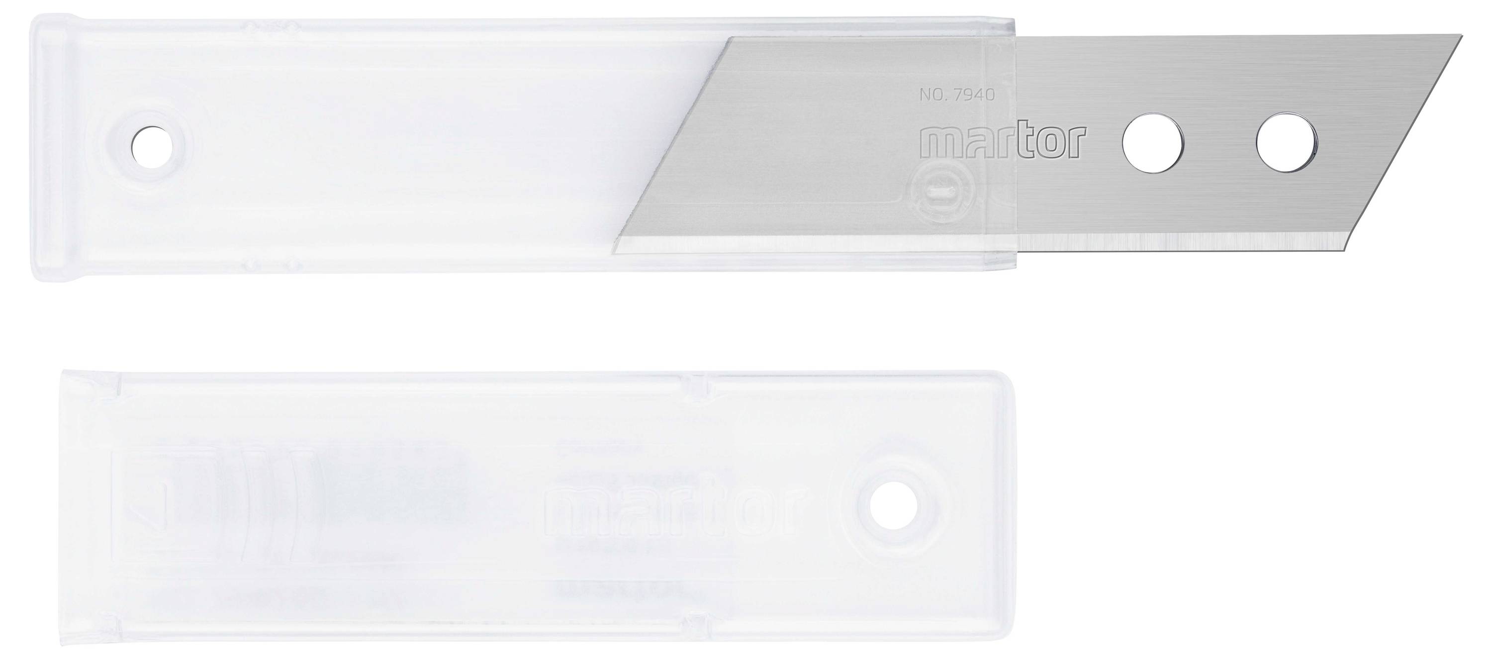 Nóż wymienny z prostokątnym uchwytem i dwoma okrągłymi otworami; metal jest srebrny, uchwyt przezroczysty. Idealny do prac rzemieślniczych.