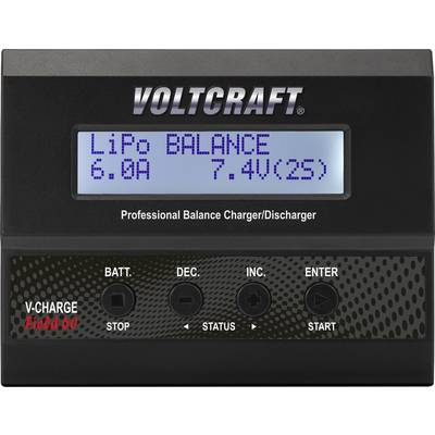 Ładowarka z wyświetlaczem: LiPo Balance 6.0A 7.4V (2S) wyświetlane. Przyciski: Stop, Status, Start. Marka: Voltcraft. Model: V-Charge Field 60.
