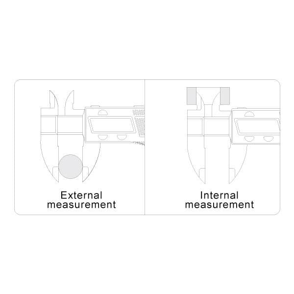 Rysunek przedstawia dwie techniczne szkice suwmiarki: po lewej stronie do pomiaru zewnętrznego, a po prawej do pomiaru wewnętrznego.