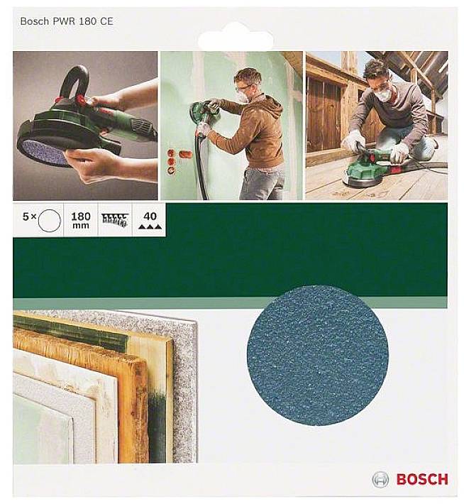 Opakowanie szlifierki Bosch PWR 180 CE. Prezentuje zastosowanie urządzenia szlifującego przy pracy na ścianie. Zawiera szczegóły dotyczące akcesoriów i ziarnistości (40).