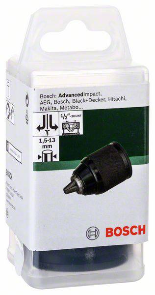 Opakowanie adaptera uchwytu wiertarskiego. Marki: Bosch, AEG, Black+Decker, Hitachi, Makita, Metabo. Zakres wiercenia: 1,5-13 mm.