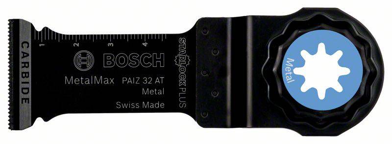 Brzeszczot Bosch Starlock Plus, model PAIZ 32 AT MetalMax, do cięcia metalu. Czarny design z niebieskim oznaczeniem metalowym.