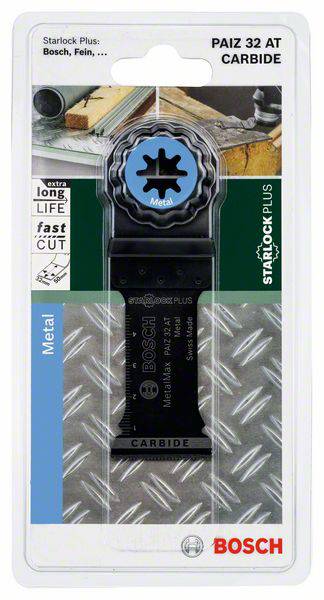 Tarcza do cięcia firmy BOSCH Starlock Plus PAIZ 32 AT Carbide, brzeszczot do metalu, w opakowaniu. Główne cechy: dłuższa żywotność, szybkie cięcia.