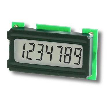 Czarny cyfrowy wyświetlacz numeryczny pokazujący „1234789" na zielonej płytce obwodu z siedmiosegmentowymi cyframi.