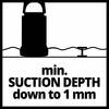 Rysunek przedstawia piktogram pompy w działaniu z napisem 'min. GŁĘBOKOŚĆ SSANIA do 1 mm', który wskazuje minimalną głębokość zasysania.