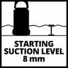'POCZĄTKOWY POZIOM SSANIA 8 mm' wskazuje minimalną wysokość zasysania pompy, przedstawioną sylwetką pompy ponad linią.