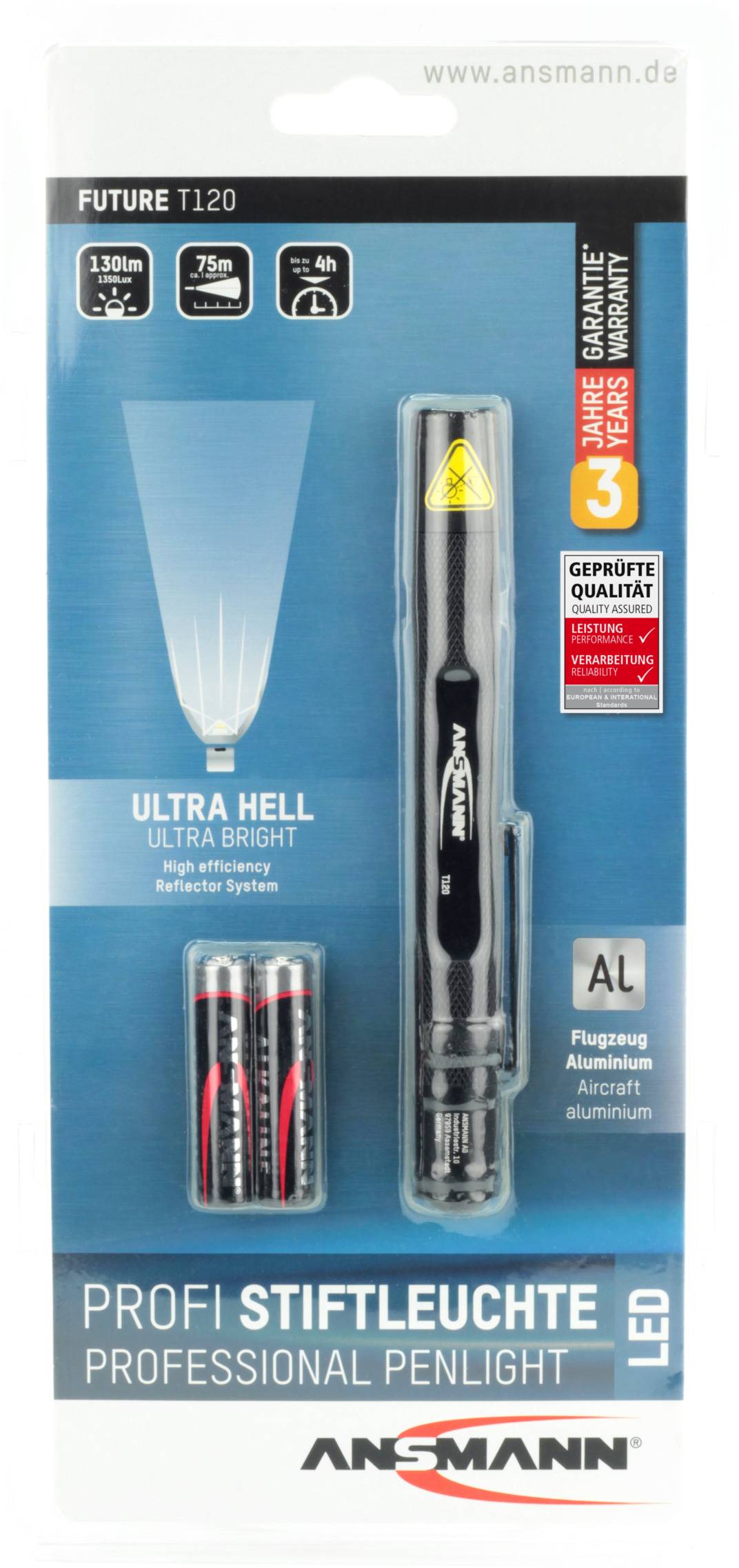 Latarka LED Ansmann Future T120, opakowanie zawiera latarkę, 3 baterie AAA, 130 lumenów, zasięg 75 m, czas pracy 4 godziny.