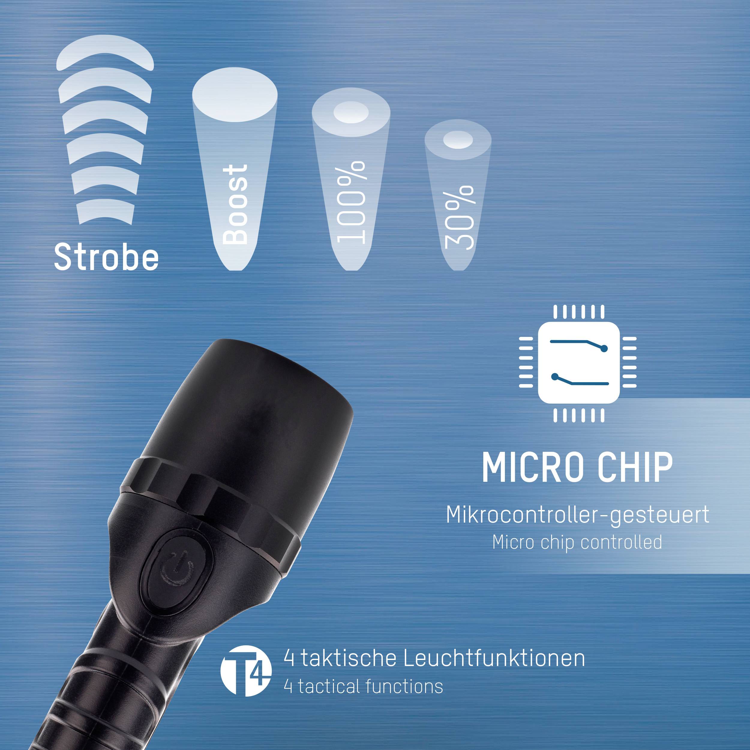 Latarka z czterema trybami: Stroboskop, Boost, 100%, 30%. Sterowana mikrokontrolerem. Tekst "Micro Chip" i symbol mikrochipa widoczne.