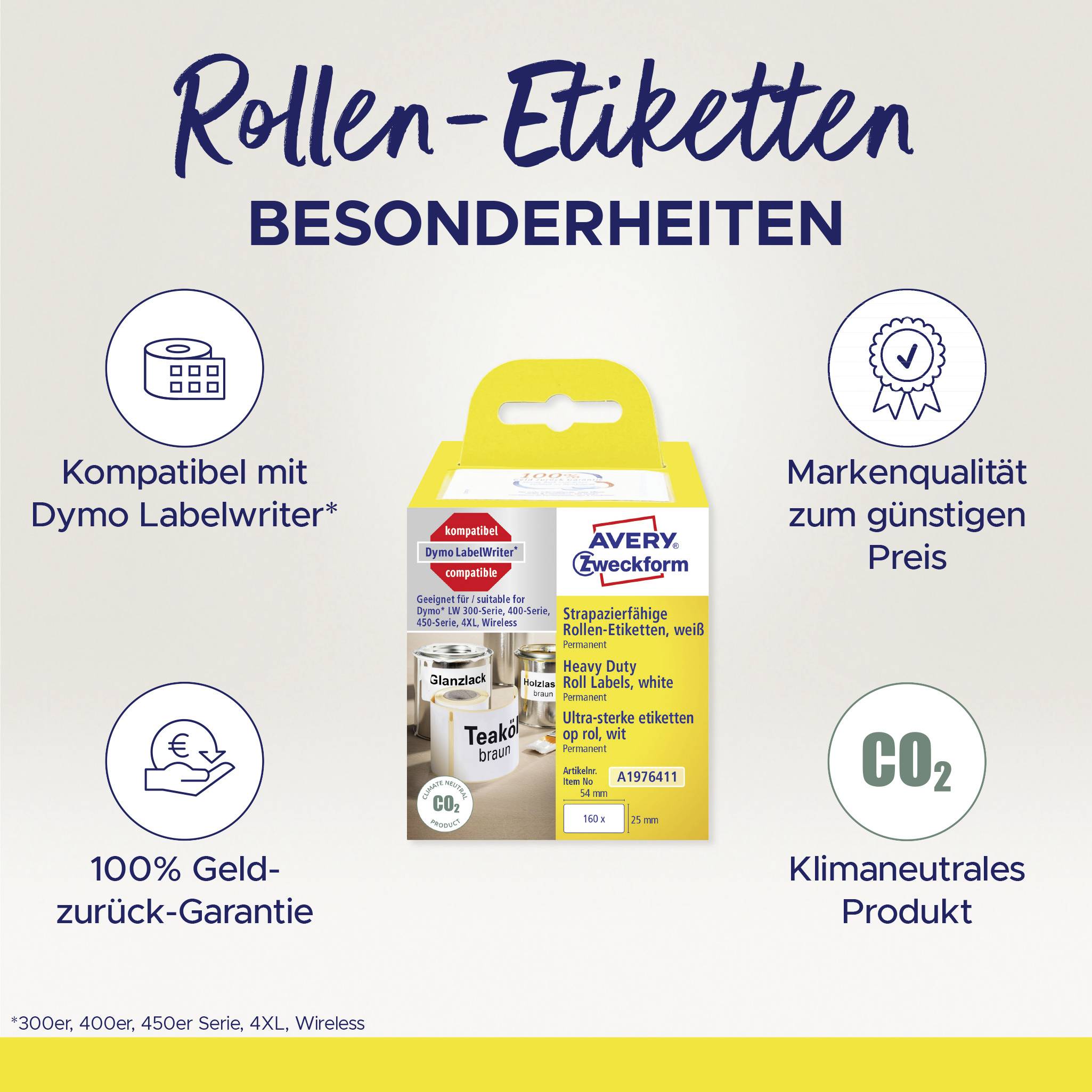 Cechy rolek etykiet: Kompatybilne z drukarkami Dymo Labelwriter, markowa jakość, 100% gwarancji zwrotu pieniędzy, produkt neutralny klimatycznie.