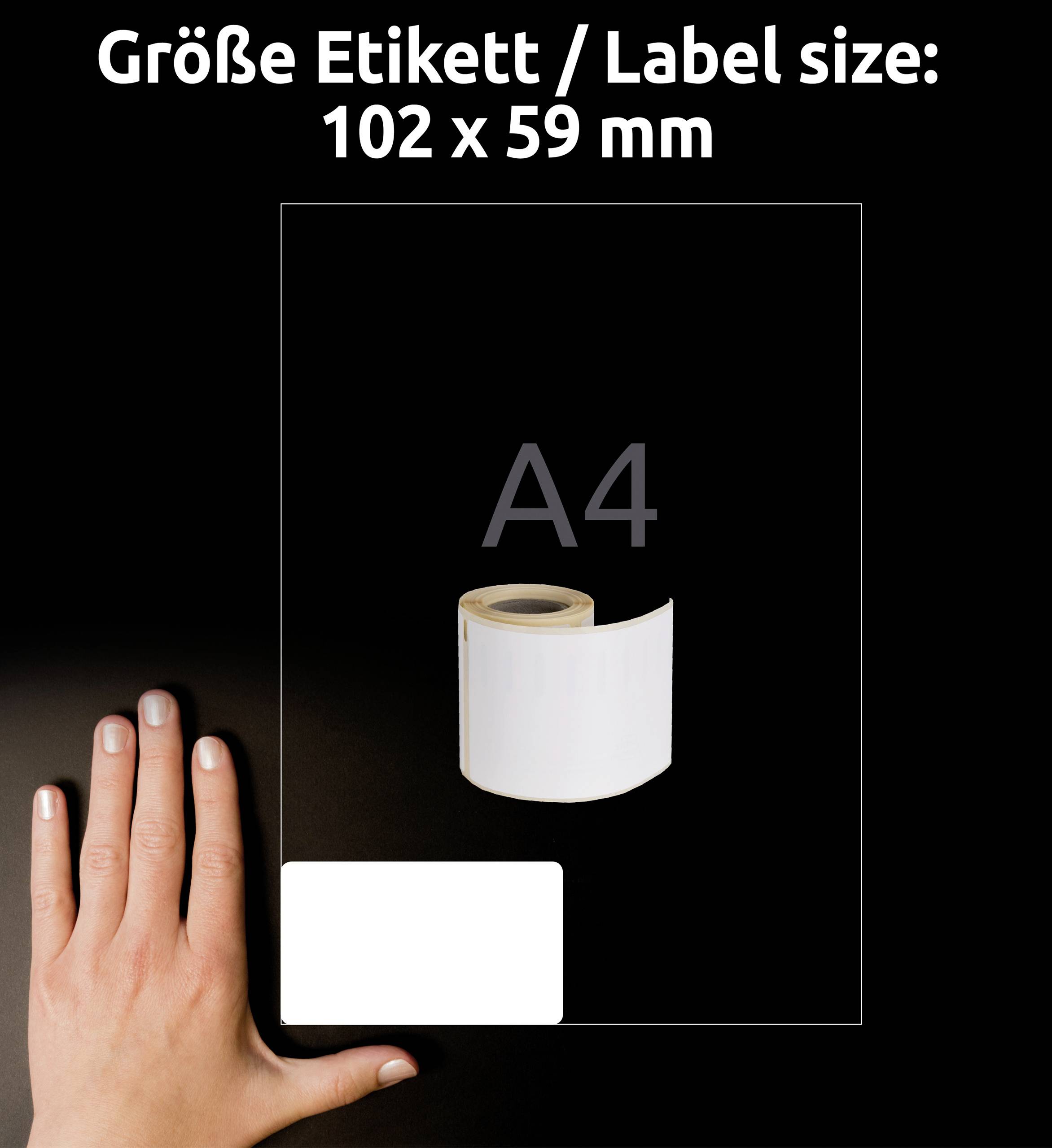 Rolka etykiet o rozmiarze 102 x 59 mm na arkuszu A4; obok dłoń wskazująca skalę.