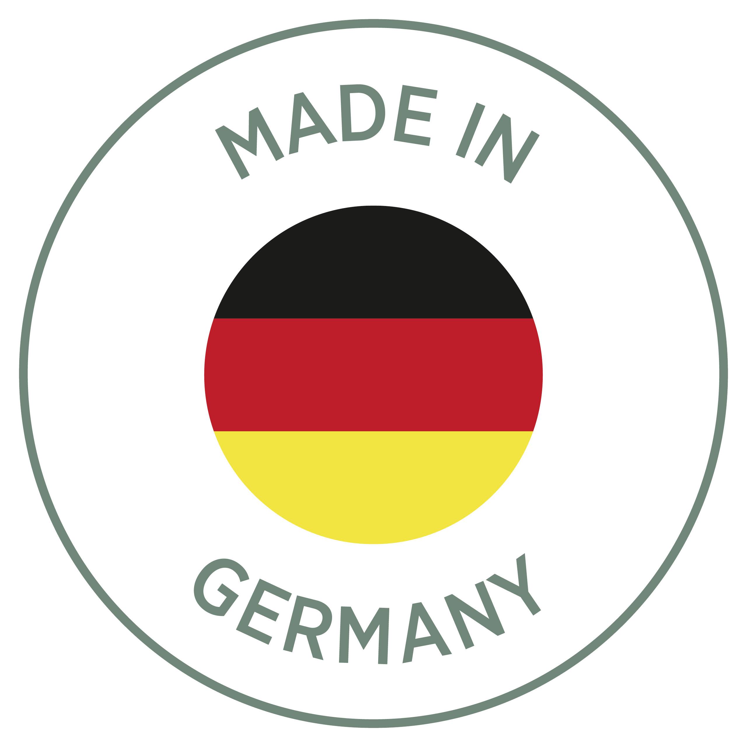 Koło z flagą niemiecką w środku. Na górze napis 'Made in', na dole 'Germany'.