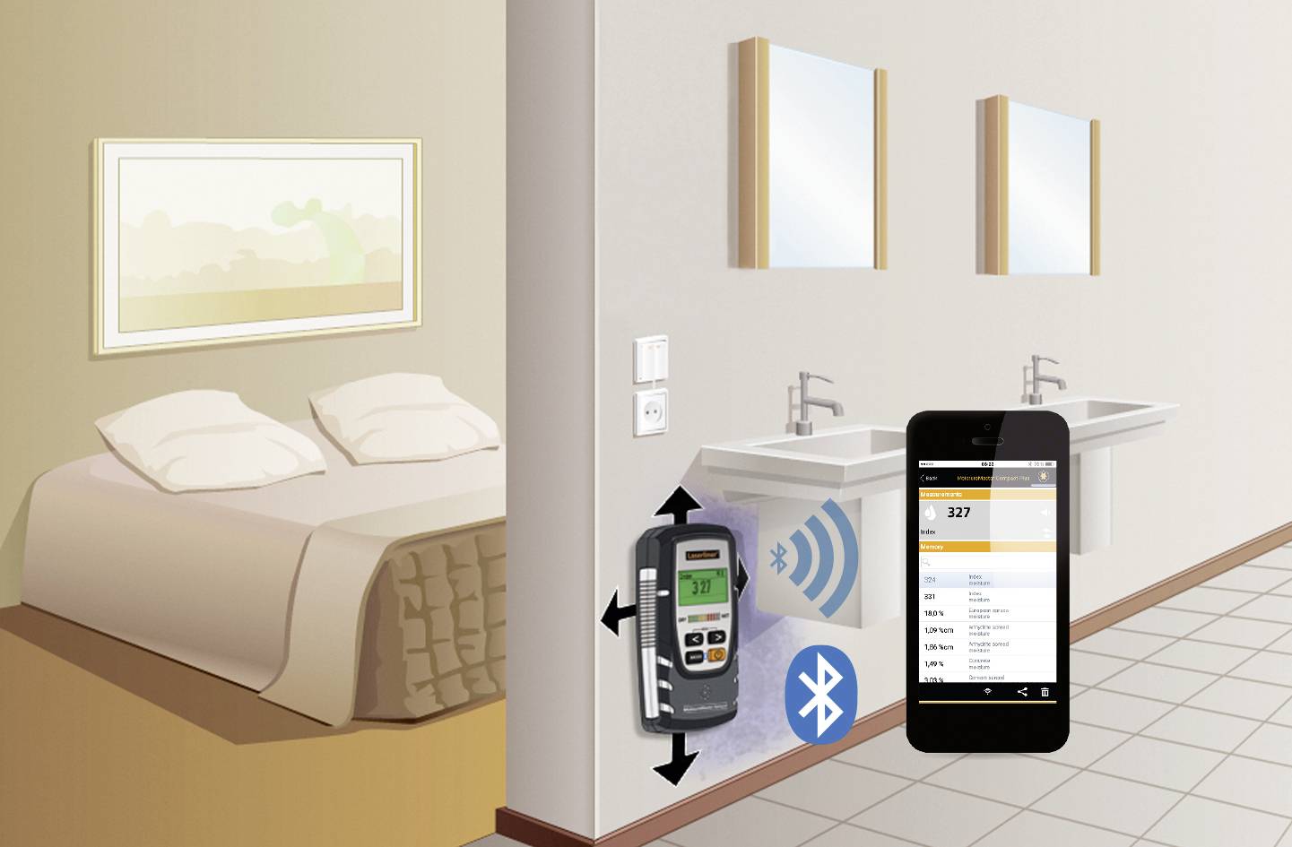 Pokój hotelowy z podwójnym łóżkiem. Na ścianie znajduje się termostat z symbolem Bluetooth. Na telefonie komórkowym otwarta jest aplikacja do kontroli temperatury w pomieszczeniu.