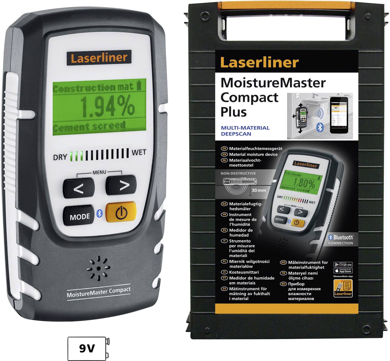 Urządzenie do pomiaru wilgotności 'MoistureMaster Compact Plus' firmy Laserliner wyświetla 1,94% na wyświetlaczu. Obok opakowanie z informacjami o produkcie.