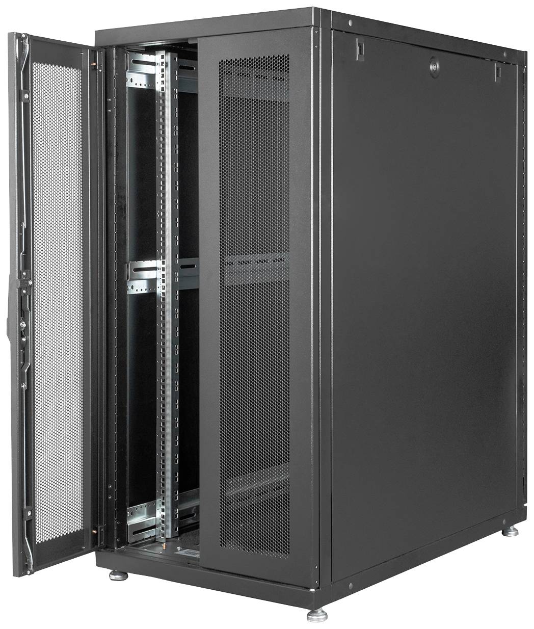 Czarny serwer rack z otwartymi drzwiami, ukazujący puste półki i wentylowane ściany boczne, gotowy do instalacji urządzeń IT.