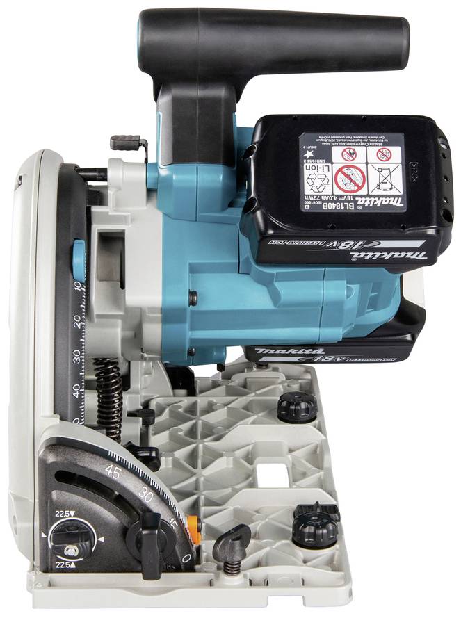 Piła metalowa w niebieskiej obudowie z czarnymi uchwytami, regulowanym kątomierzem oraz różnymi przełącznikami i naklejkami.