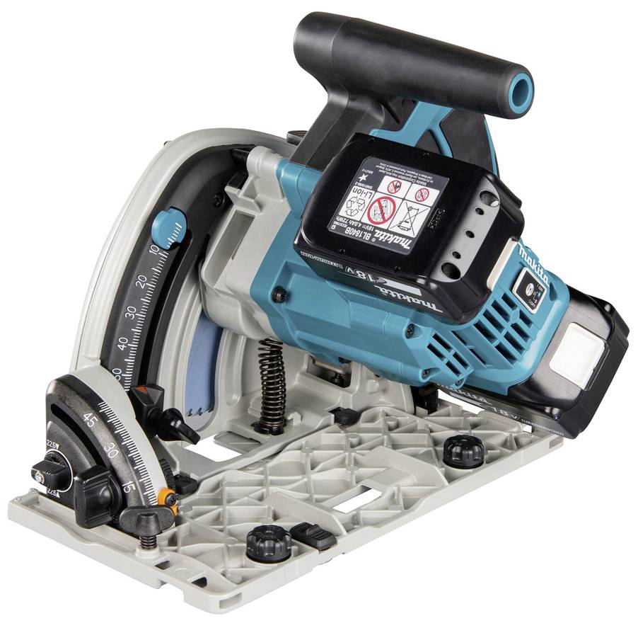 Piła tarczowa wykonana z metalu i tworzywa sztucznego, w kolorach niebieskim i szarym, z regulowanym kątem nachylenia oraz panelem sterowania z informacjami dotyczącymi bezpieczeństwa.