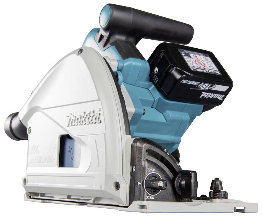 Ręczna piła tarczowa Makita, model w niebiesko-białej obudowie, z ergonomicznym uchwytem i akumulatorem 18V zamontowanym na górze.