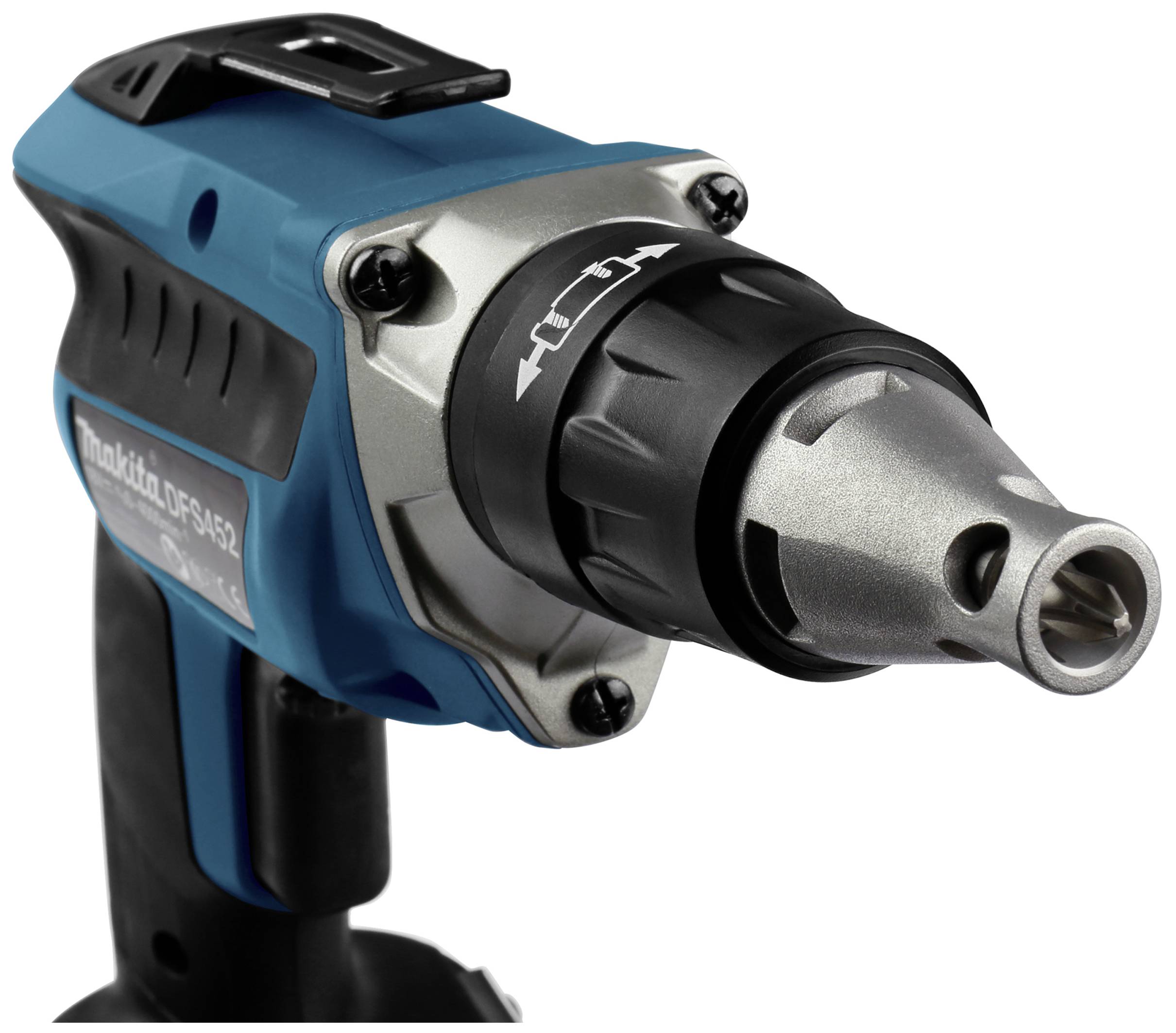 Niebieski bezprzewodowy wkrętak z czarną rękojeścią i metalowym uchwytem wiertarskim.