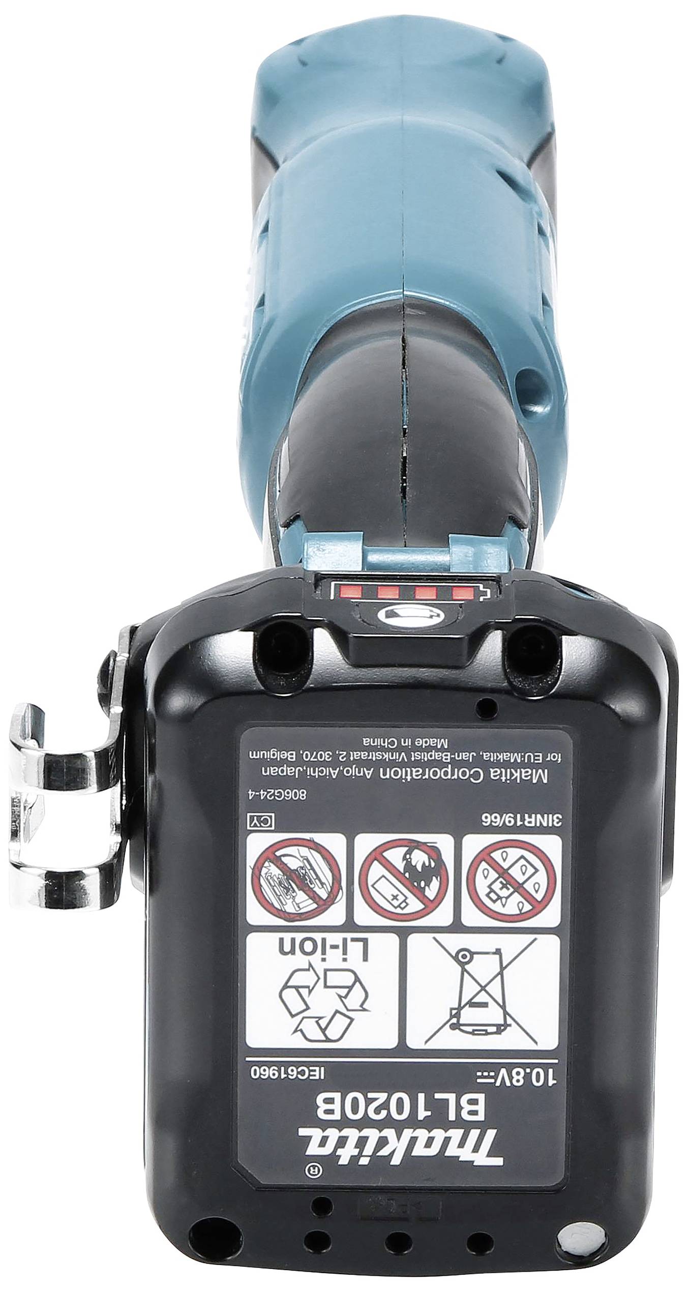 Niebieskie elektronarzędzie z czarnym uchwytem, etykieta wskazuje model 'BL1020B', 10,8V, z widocznymi symbolami ostrzegawczymi dotyczącymi bezpieczeństwa.