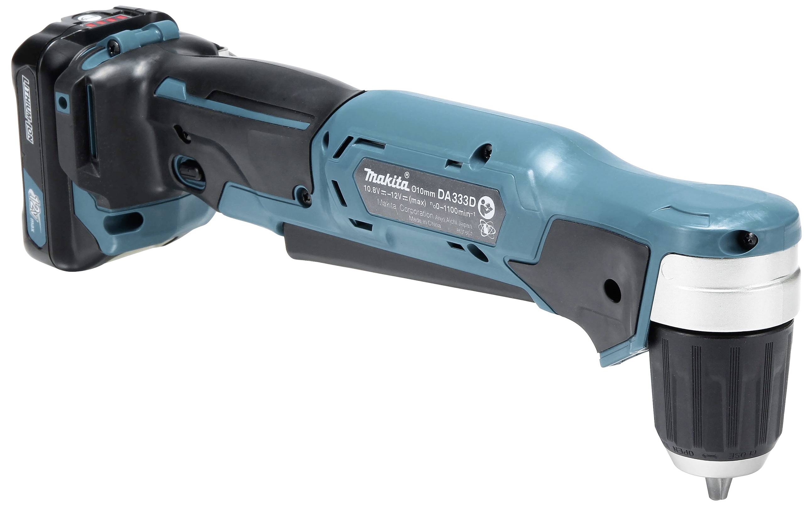 Akumulatorowy wkrętak kątowy w kolorze niebieskim i czarnym z uchwytem na wiertło i ergonomicznym uchwytem, przydatny do prac w trudno dostępnych miejscach.