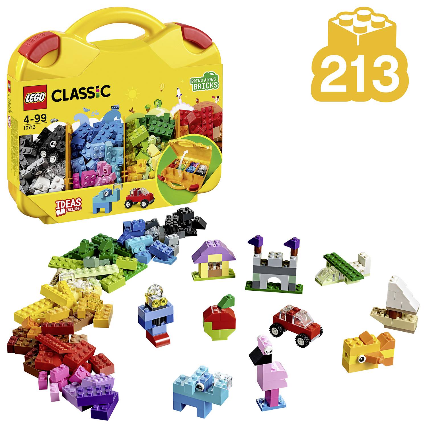 Zestaw LEGO Classic z kolorowymi klockami i przykładowymi modelami, odpowiedni dla dzieci w wieku 4-99 lat. Zestaw zawiera 213 elementów.