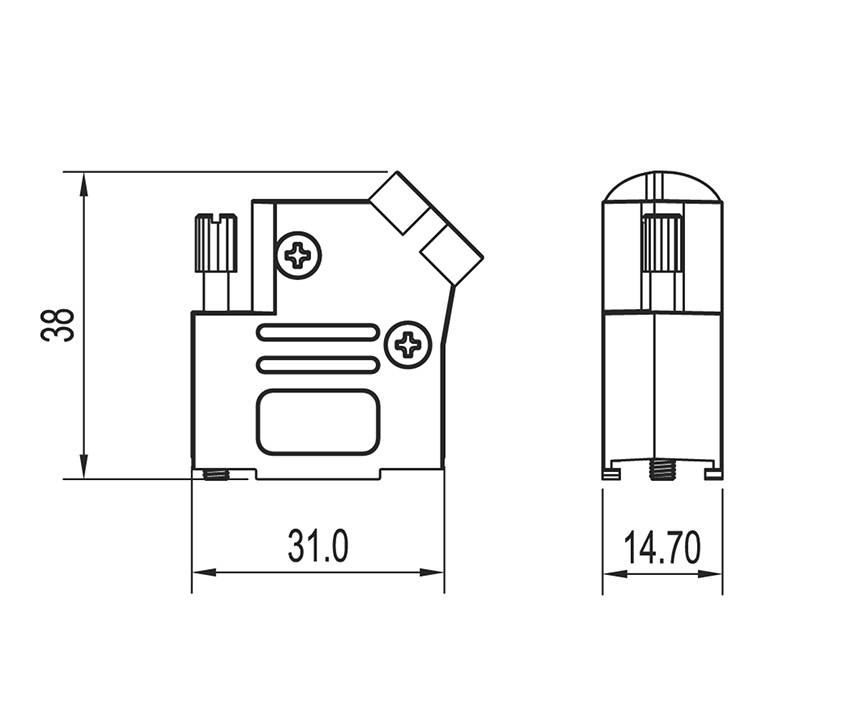 Rysunek techniczny małego urządzenia w dwóch rzutach: jeden przedstawiający szerokość 31,0 mm i wysokość 38 mm, drugi ukazujący głębokość 14,7 mm.