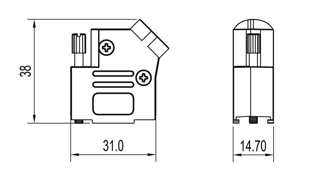 Rysunek techniczny elementu z wymiarami: wysokość 38 mm, szerokość 31 mm, głębokość 14,70 mm. Przedstawiony w dwóch widokach.