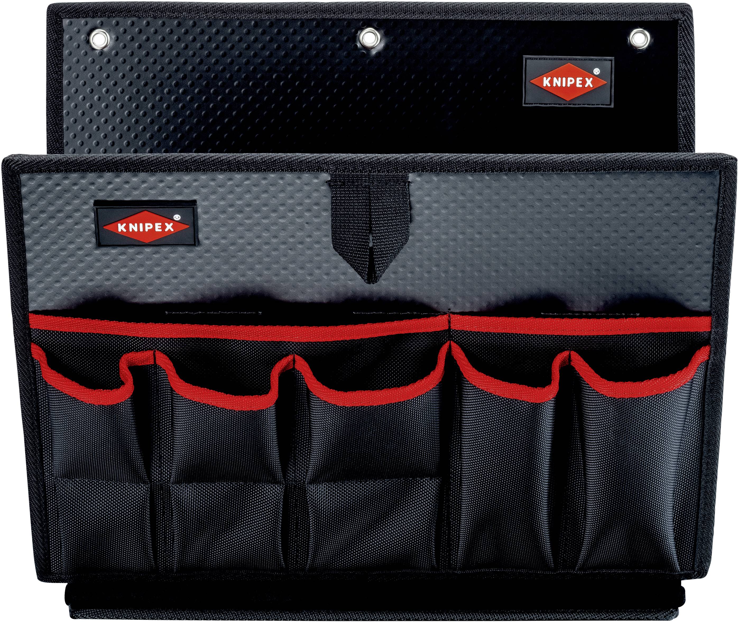 Czarna torba na narzędzia z wieloma kieszenями i czerwoną obwódką, logo marki w lewym górnym rogu. Przeznaczona do przechowywania narzędzi.