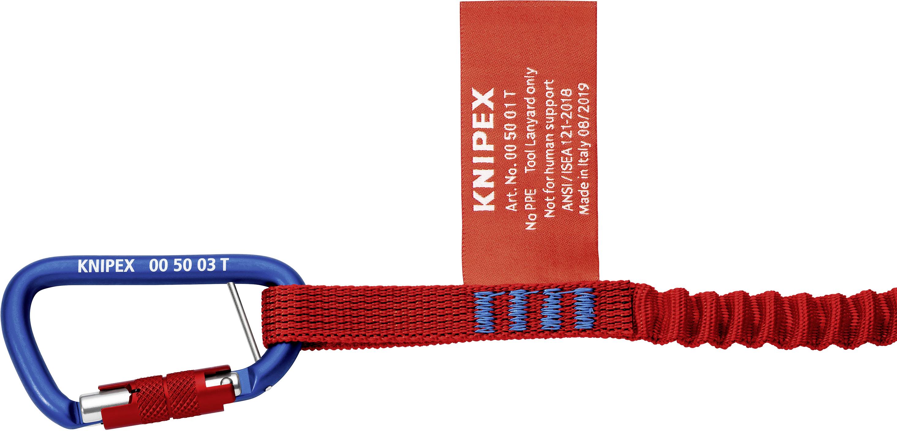 Czerwony pas Knipex z niebieskim karabińczykiem, numer artykułu na etykiecie (00 50 03 T), zabezpieczenie narzędzi.
