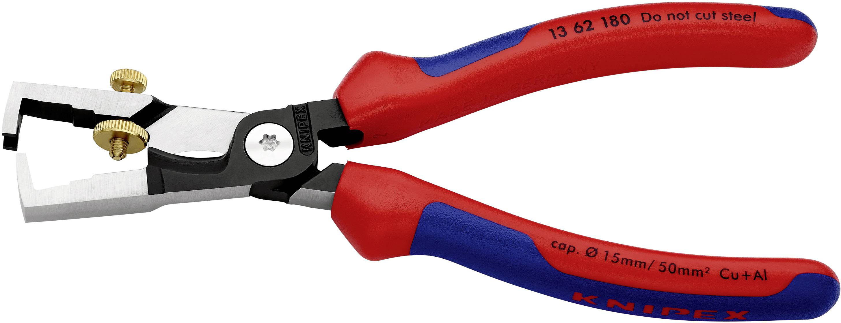 Czerwone i niebieskie szczypce do ściągania izolacji marki Knipex z śrubami regulacyjnymi do usuwania izolacji z przewodów o średnicy do 15 mm/50 mm².