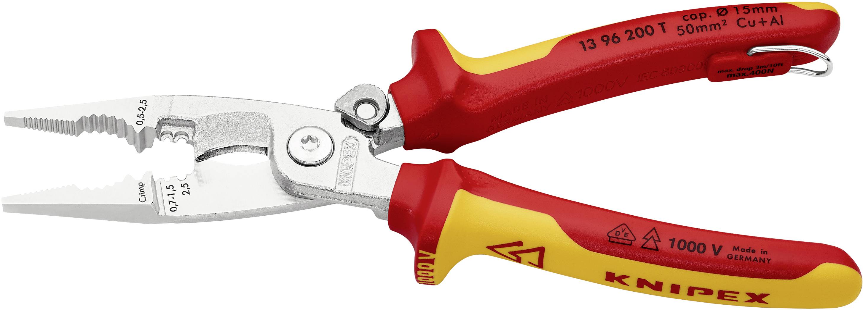 Szczypce z czerwoną i żółtą rękojeścią, izolowane do 1000 V. Odpowiednie do precyzyjnego cięcia i chwytania kabli i przewodów.