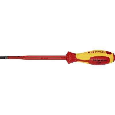 Izolowany wkrętak Knipex z czerwoną i żółtą rękojeścią. Odpowiedni do prac przy instalacjach elektrycznych.