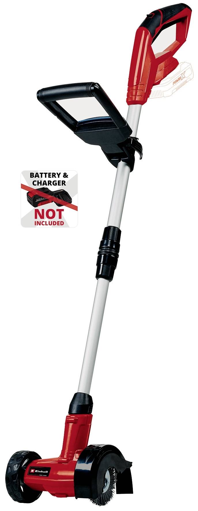 Akumulatorowy trymer do trawy w kolorach czerwonym i czarnym, bez akumulatora i ładowarki, z regulowanym uchwytem i dwoma kółkami u podstawy.