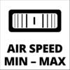Czarno-biały symbol przedstawia czujnik prędkości. Poniżej widnieje napis 'PRĘDKOŚĆ POWIETRZA MIN - MAKS'.