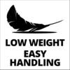 Czarny rysunek piórkiem z tekstem: 'NISKI CIĘŻAR ŁATWA OBSŁUGA', wskazujący na niską wagę i łatwość użycia.