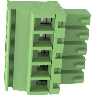 Zbliżenie zielonego wielostykowego złącza elektrycznego z prostokątnymi gniazdami, pokazane na białym tle.