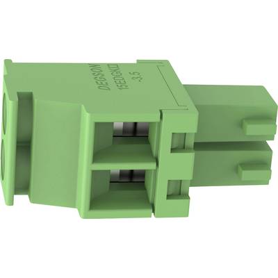 Zielony dwupolowy wtyk elektryczny z prostokątną obudową i bocznymi zatrzaskami, pokazany na białym tle.