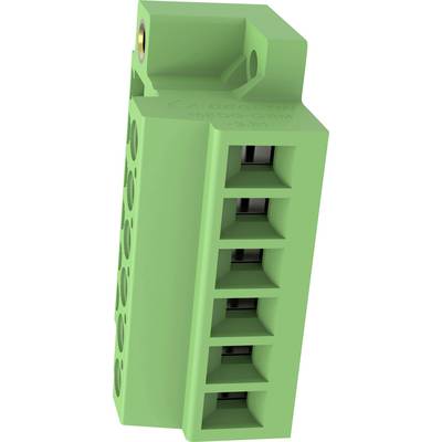 Zielony plastikowy zacisk elektryczny z sześcioma otworami z przodu i bokami bocznych otworów śrubowych do podłączania przewodów.